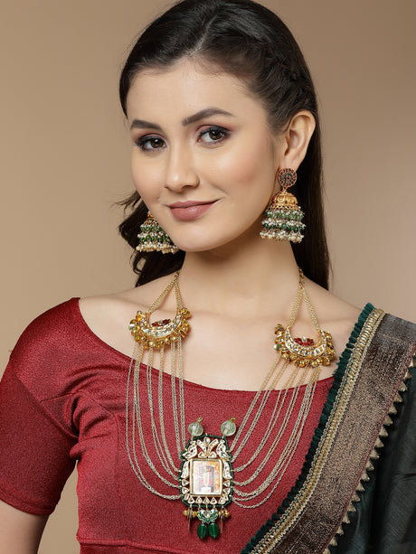 Buy Green and Red Gold-Plated Kundan and Pearls Haar Necklace Online
