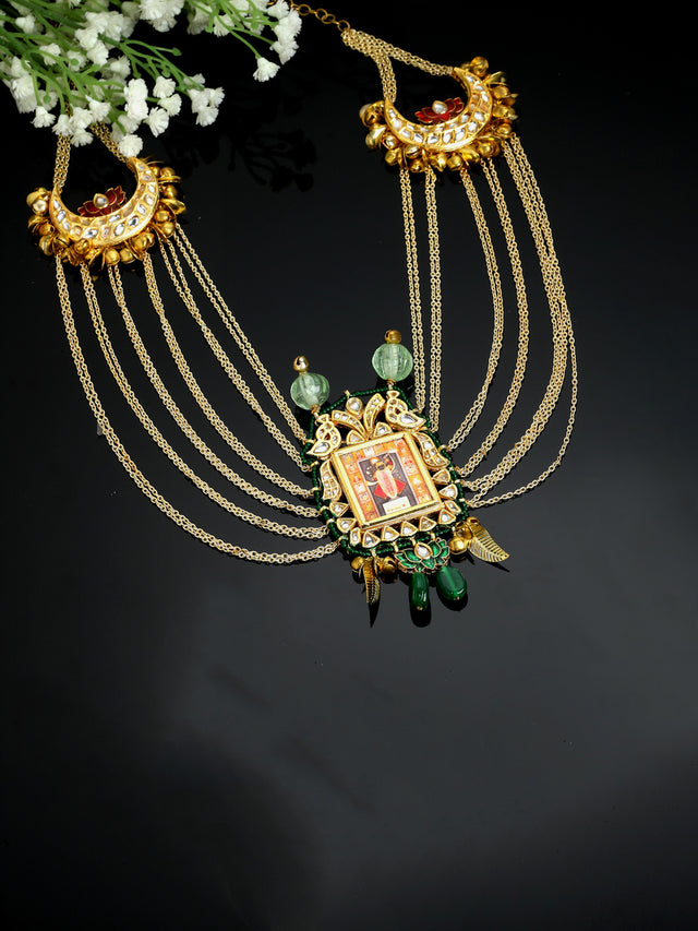 Green And Red Gold-Plated Kundan And Pearls Haar Necklace