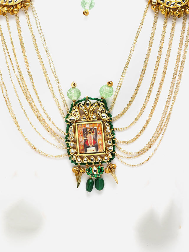 Green And Red Gold-Plated Kundan And Pearls Haar Necklace