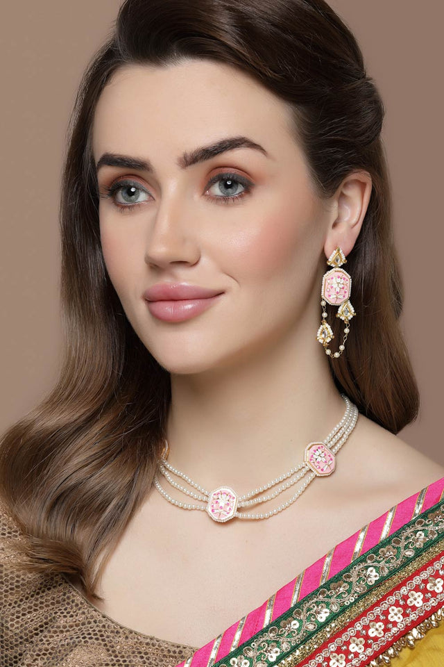 Pink And Gold Haar Necklace With Kundan And Pearls