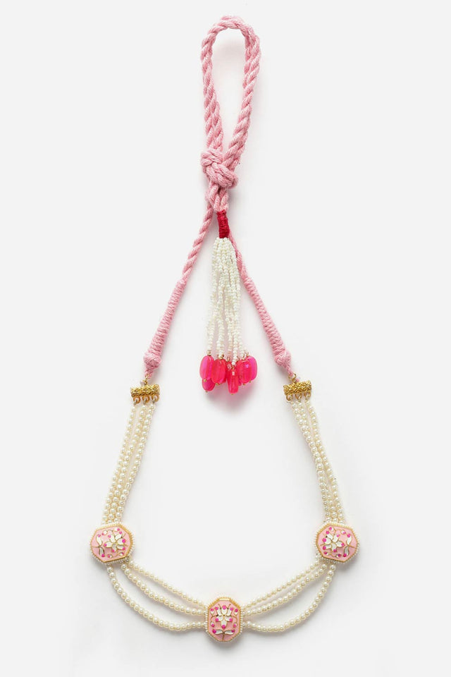 Pink And Gold Haar Necklace With Kundan And Pearls