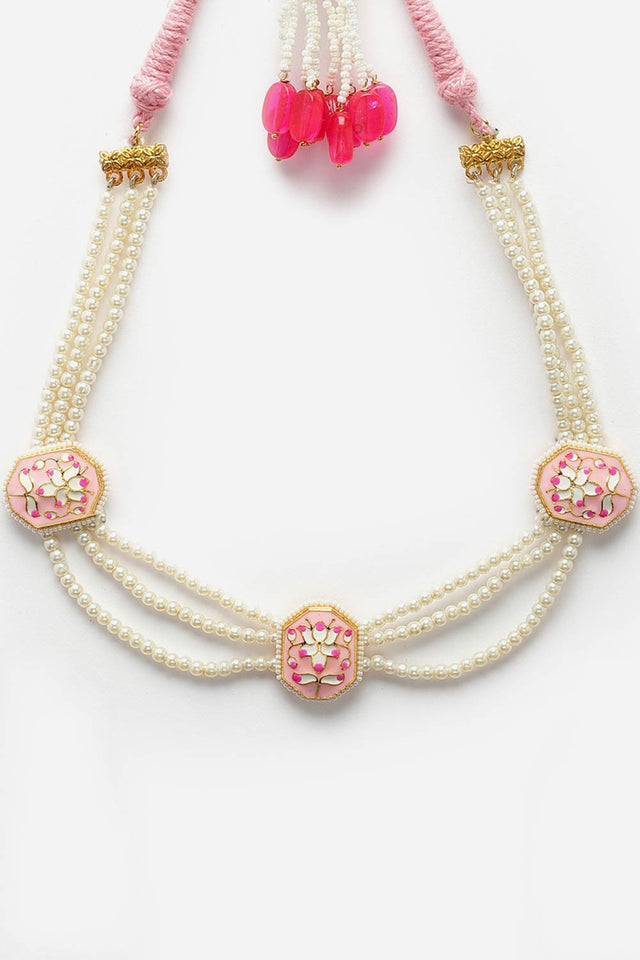 Pink And Gold Haar Necklace With Kundan And Pearls