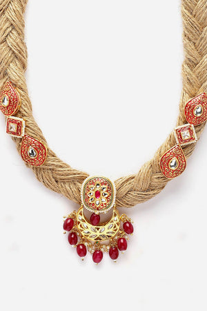 Pink And Red Haar Necklace With Kundan And Pearls
