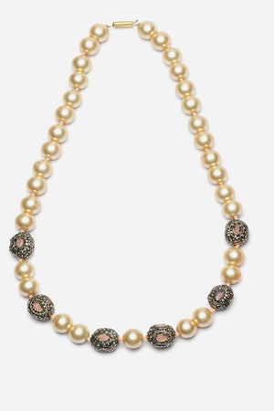 Pink And Cream Haar Necklace With American Diamond And Pearls