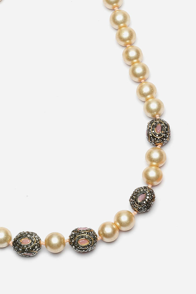 Pink And Cream Haar Necklace With American Diamond And Pearls