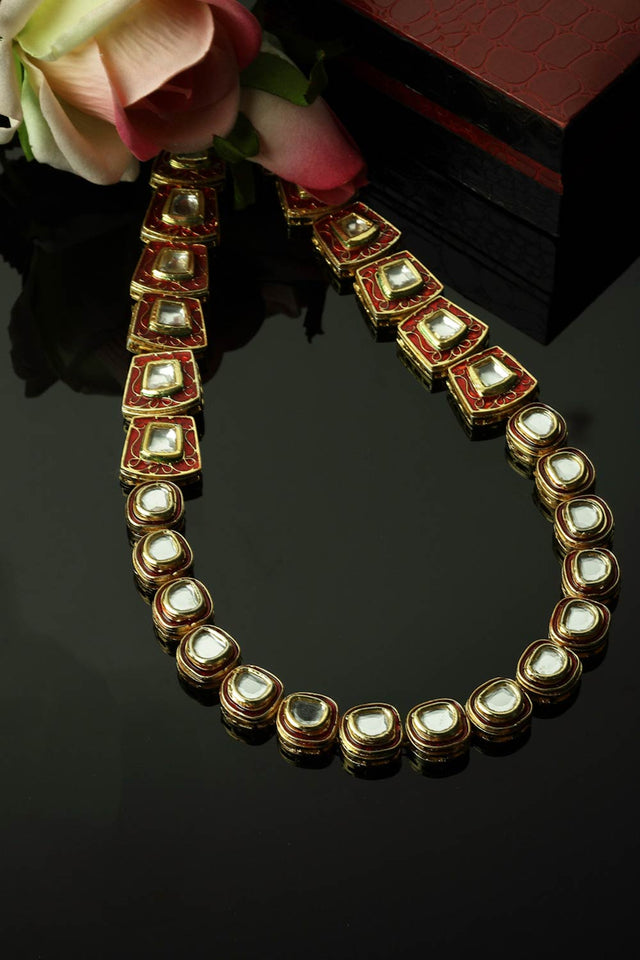 Red And Gold Haar Necklace With Kundan And Pearls