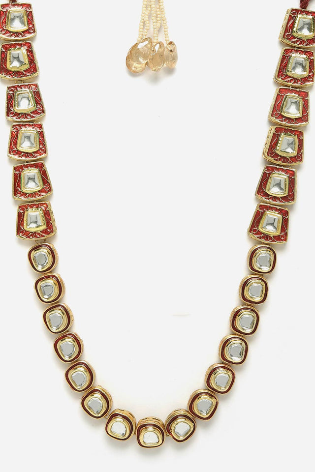 Red And Gold Haar Necklace With Kundan And Pearls