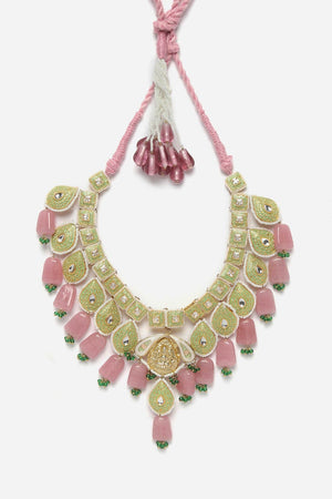 Green And Pink Haar Necklace With Kundan And Pearls