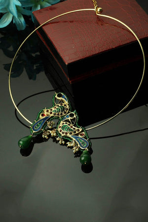 Blue And Green Haar Necklace With Kundan And Pearls