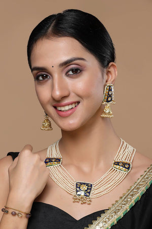 Blue And Gold Haar Necklace With Kundan And Pearls
