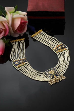 Blue And Gold Haar Necklace With Kundan And Pearls