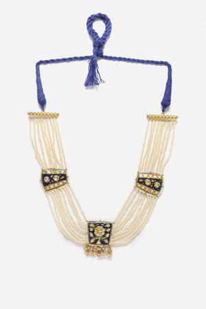 Blue And Gold Haar Necklace With Kundan And Pearls