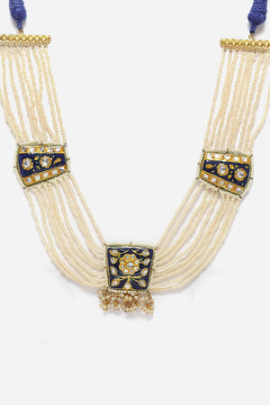 Blue And Gold Haar Necklace With Kundan And Pearls
