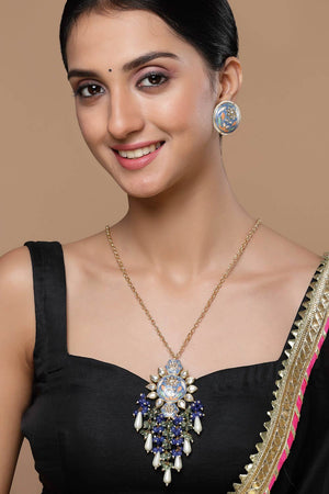 Blue And Green Haar Necklace With Kundan And Pearls