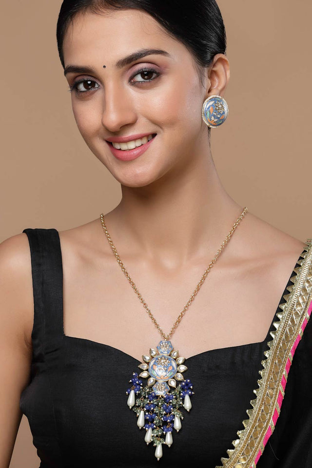 Blue And Green Haar Necklace With Kundan And Pearls
