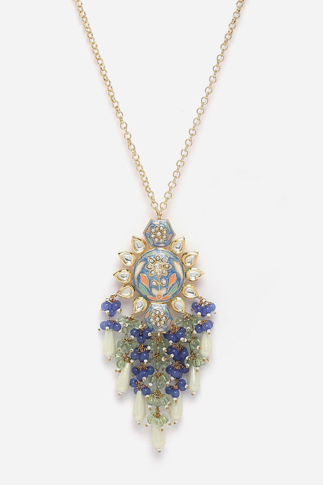 Blue And Green Haar Necklace With Kundan And Pearls