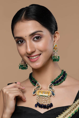 Blue And Yellow Haar Necklace With Kundan And Pearls