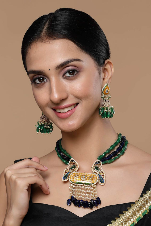 Blue And Yellow Haar Necklace With Kundan And Pearls