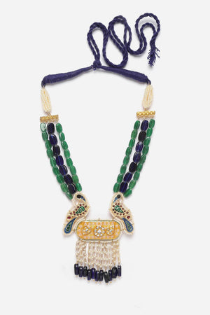 Blue And Yellow Haar Necklace With Kundan And Pearls
