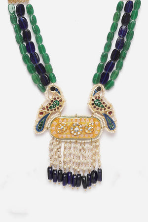 Blue And Yellow Haar Necklace With Kundan And Pearls