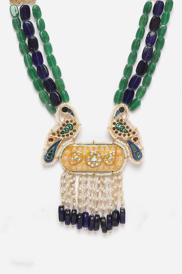Blue And Yellow Haar Necklace With Kundan And Pearls