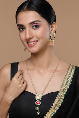 Red And Peach Haar Necklace With Kundan And Pearls