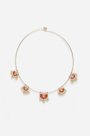 Red And Gold Haar Necklace With Kundan And Pearls