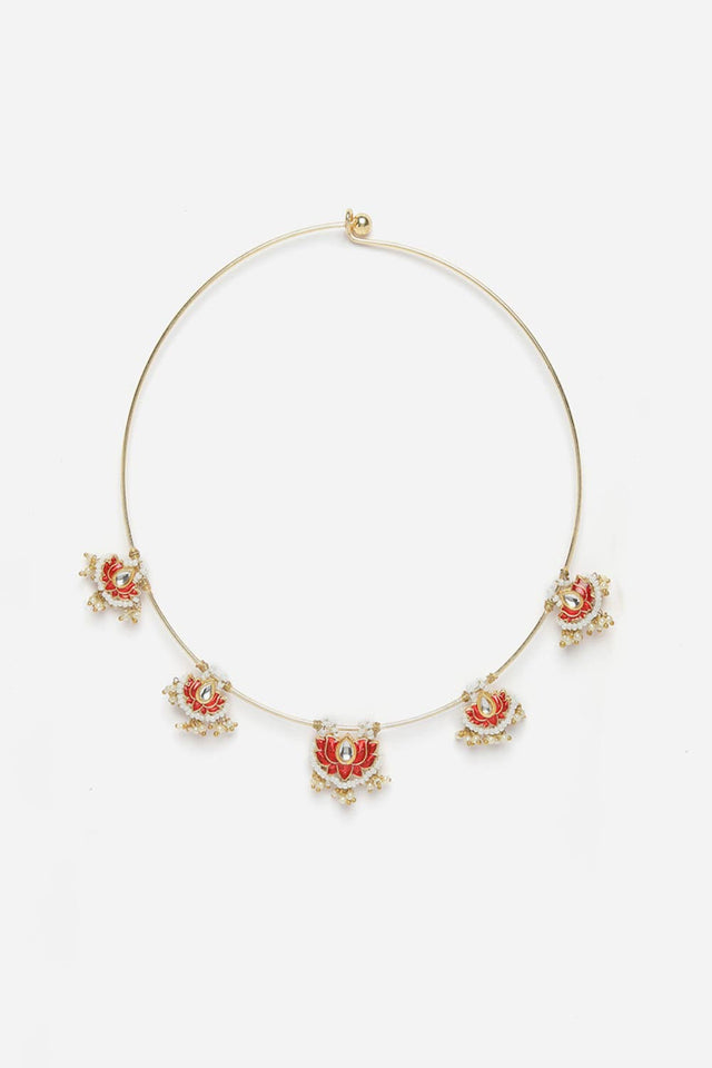 Red And Gold Haar Necklace With Kundan And Pearls