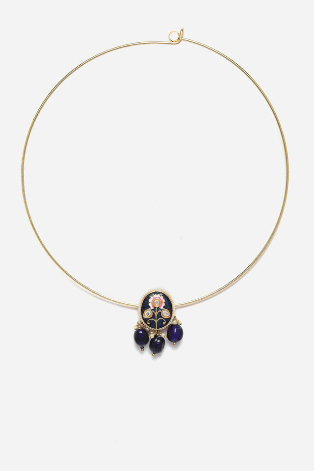Blue And Gold Haar Necklace With Kundan And Pearls