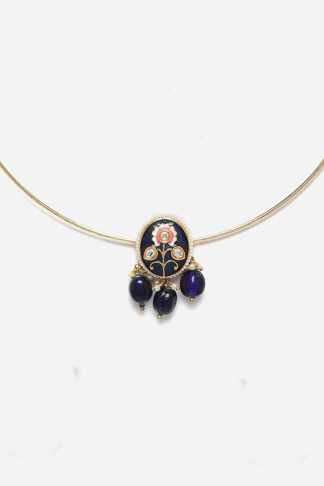Blue And Gold Haar Necklace With Kundan And Pearls