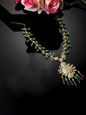 Green And Maroon Haar Necklace With Kundan And Pearls