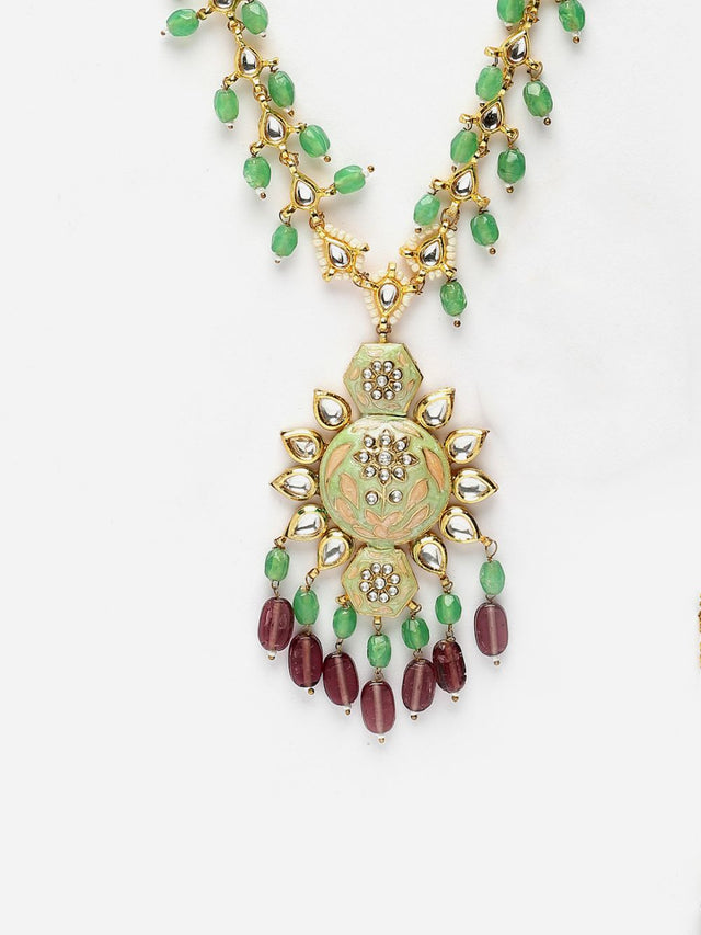 Green And Maroon Haar Necklace With Kundan And Pearls