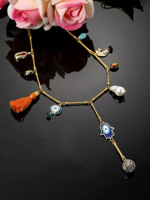 Orange And Blue Haar Necklace With American Diamonds And Pearls