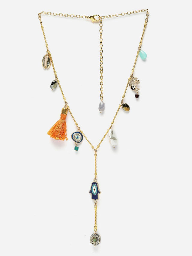 Orange And Blue Haar Necklace With American Diamonds And Pearls