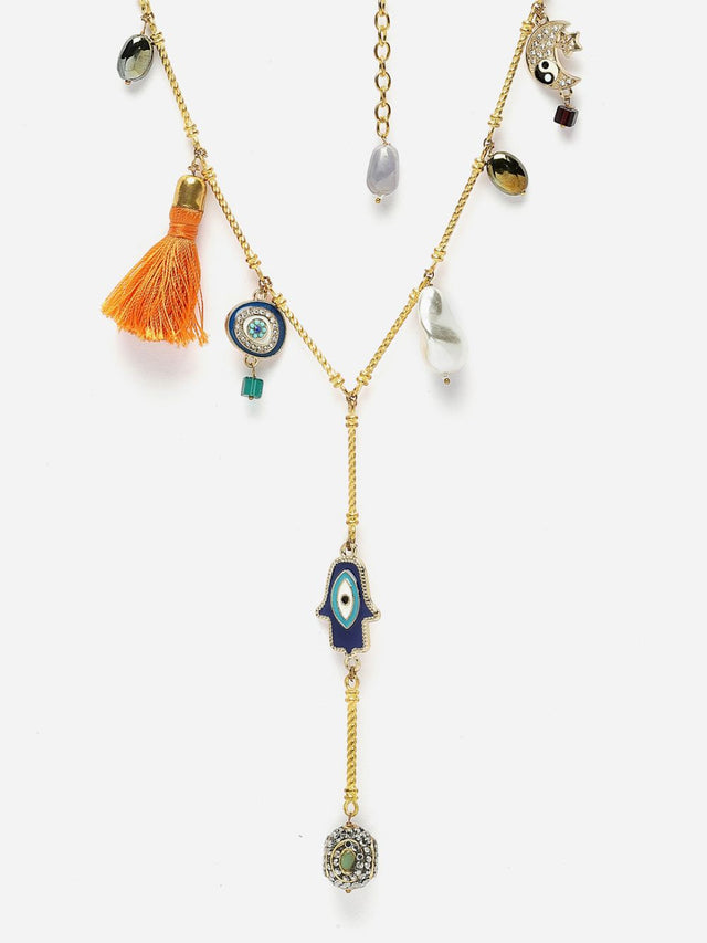 Orange And Blue Haar Necklace With American Diamonds And Pearls