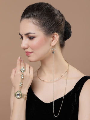 Black And Gold Haar Necklace With American Diamonds And Pearls