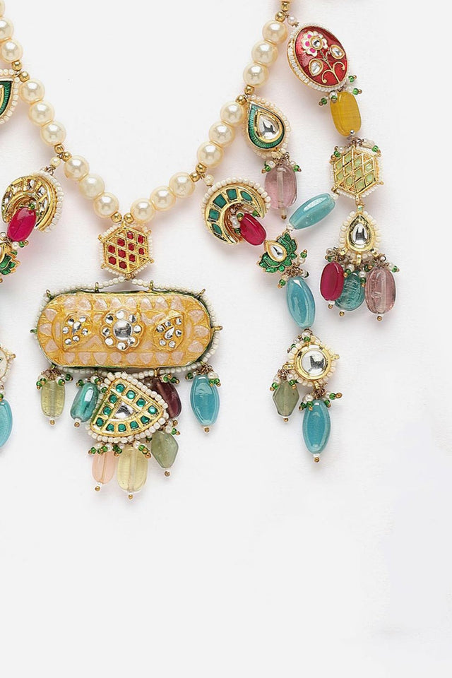 Peach And Red Haar Necklace Kundan And Pearls