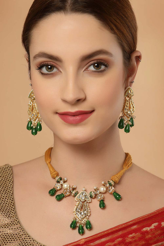 Green And Orange Gold-Plated Kundan And Pearls Jewelry Set