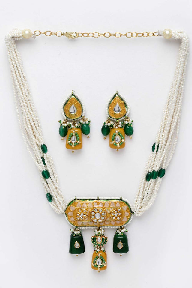 Green And White Gold-Plated Kundan And Pearls Jewelry Set