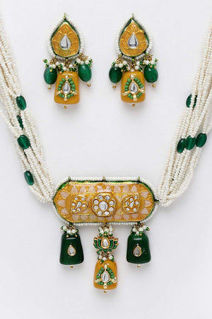 Green And White Gold-Plated Kundan And Pearls Jewelry Set