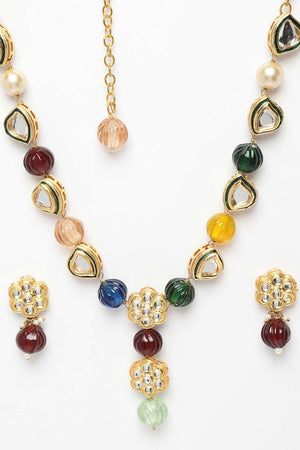 Red And Blue Gold-Plated Kundan And Pearls Necklace Earring Sets - Zoom