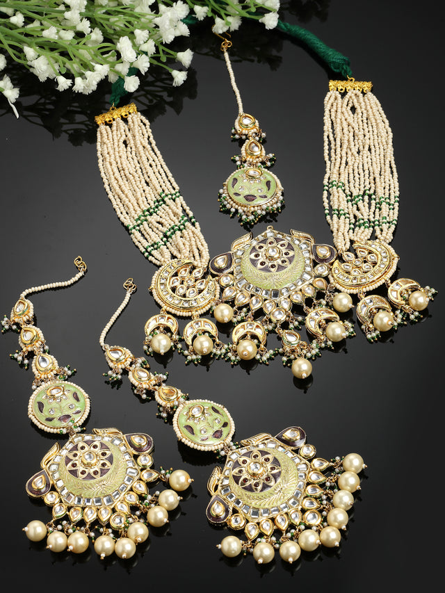 Green And Cream Gold-Plated Kundan And Pearls Necklace Earring Set With Maang Tikka