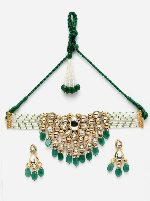 Green And White Gold-Plated Kundan And Pearls Necklace Earring Set