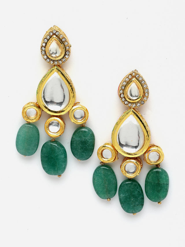 Green And White Gold-Plated Kundan And Pearls Necklace Earring Set