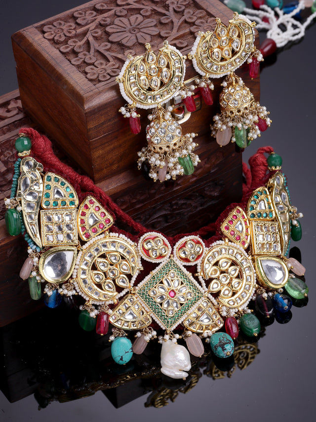 Red And Green Gold-Plated Kundan And American Diamonds Necklace Earring Set (DGNHE23006)