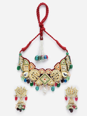 Red And Green Gold-Plated Kundan And American Diamonds Necklace Earring Set (DGNHE23006)