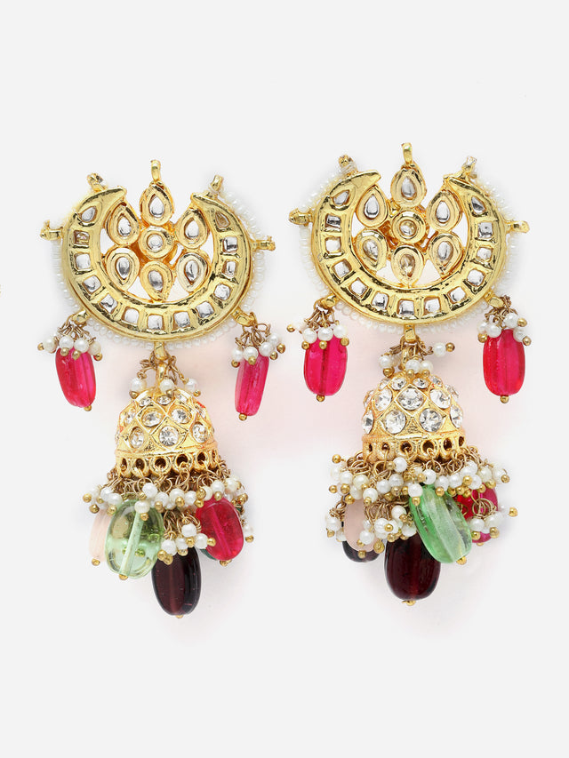 Red And Green Gold-Plated Kundan And American Diamonds Necklace Earring Set (DGNHE23006)