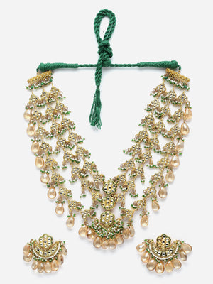 Green And Yellow Gold-Plated Kundan And Pearls Necklace Earring Set