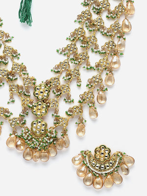 Green And Yellow Gold-Plated Kundan And Pearls Necklace Earring Set
