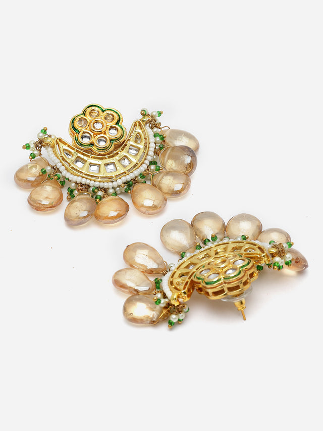 Green And Yellow Gold-Plated Kundan And Pearls Necklace Earring Set